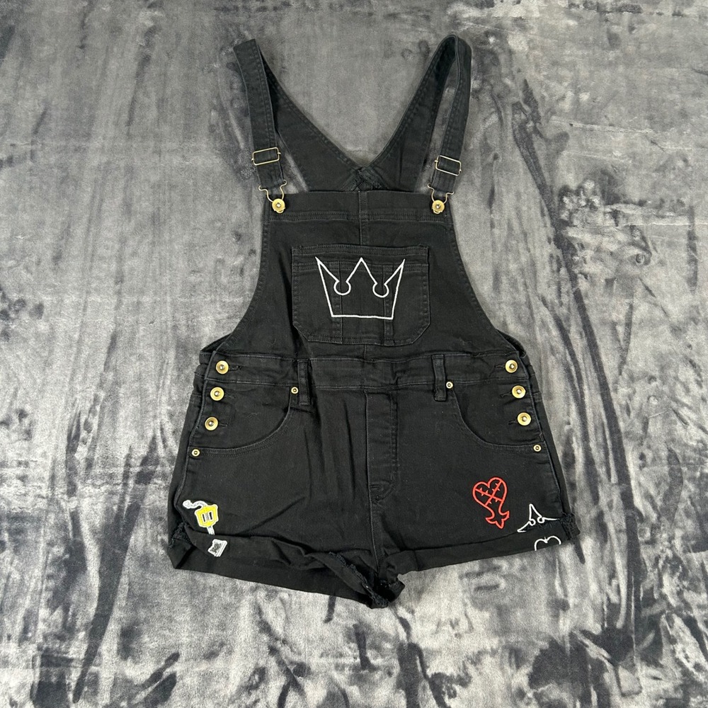 Disney Kingdom Hearts Overalls Womens LG Black Embroidered Denim Shortalls